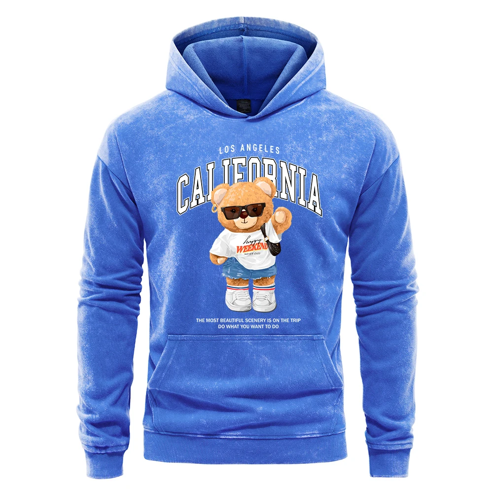 California Letter Trend Bear Print Men Washed Hoodies Distressed All-Match Hoody Casual Loose Hoodie Cotton Multicolor Pullover