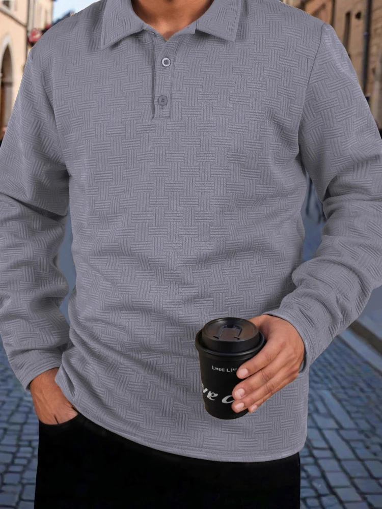 ربيع الخريف موضة الرجال البلوز القمم عادية بلون كم طويل Polos الرجال Vintage زر متابعة بدوره إلى أسفل طوق قمصان بولو