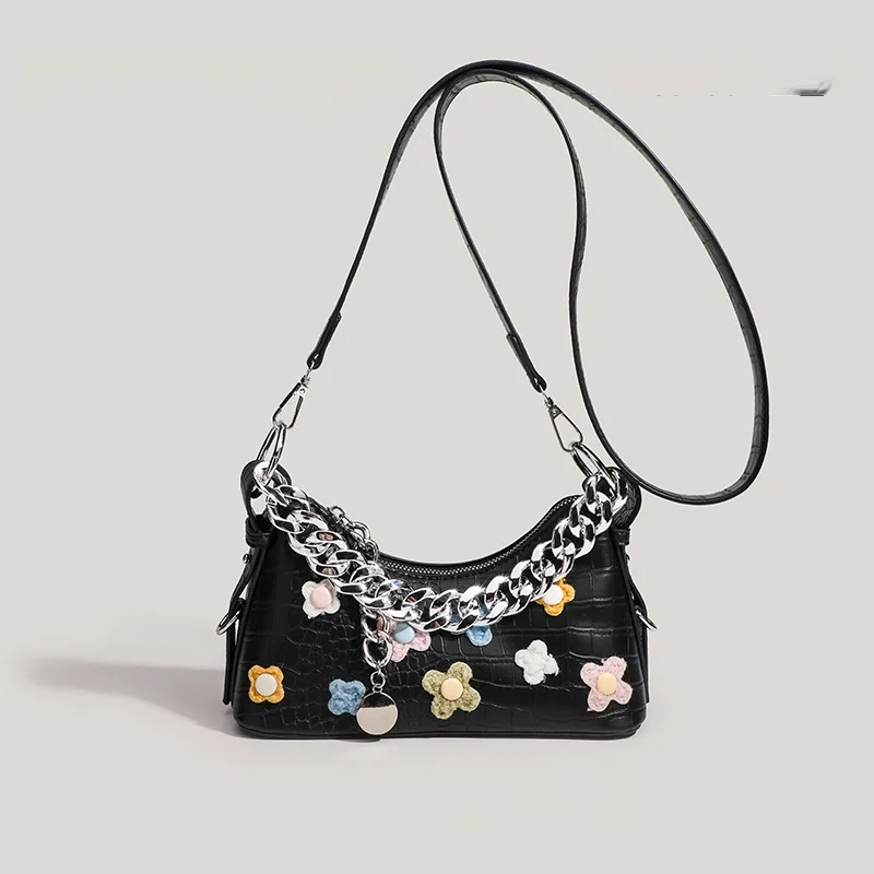 Stylish Black Textured Shoulder Bag Featuring Pastel Flower Accents and Bold Chain Detail Ideal for Dating Shopping Travel