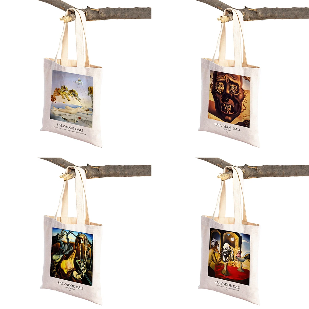 Casual Salvador Dali Women Shopping Bags Double Print Surrealism Cubism Exhibition Shopper Bag Tote Linen Lady Handbag