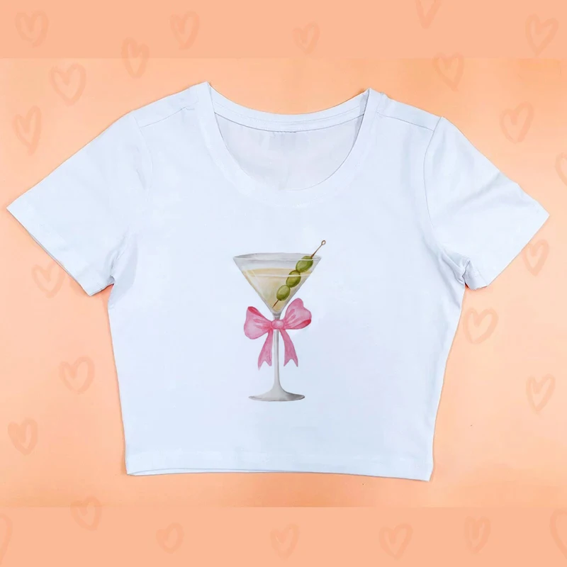 2024 Street New Wine Cup Kawaii Cartoon Print Bottom Shirt Baby Clothing Women's Clothing Top T-shirt Harajuku Fashion Short