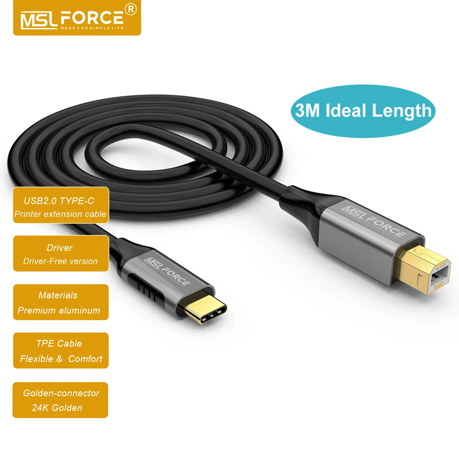 

MSLFORCE USB C to USB Type B 2.0 Printer Cable for New MacBook Pro HP Canon Brother Epson Dell Samsung Printer and Scanner Cord