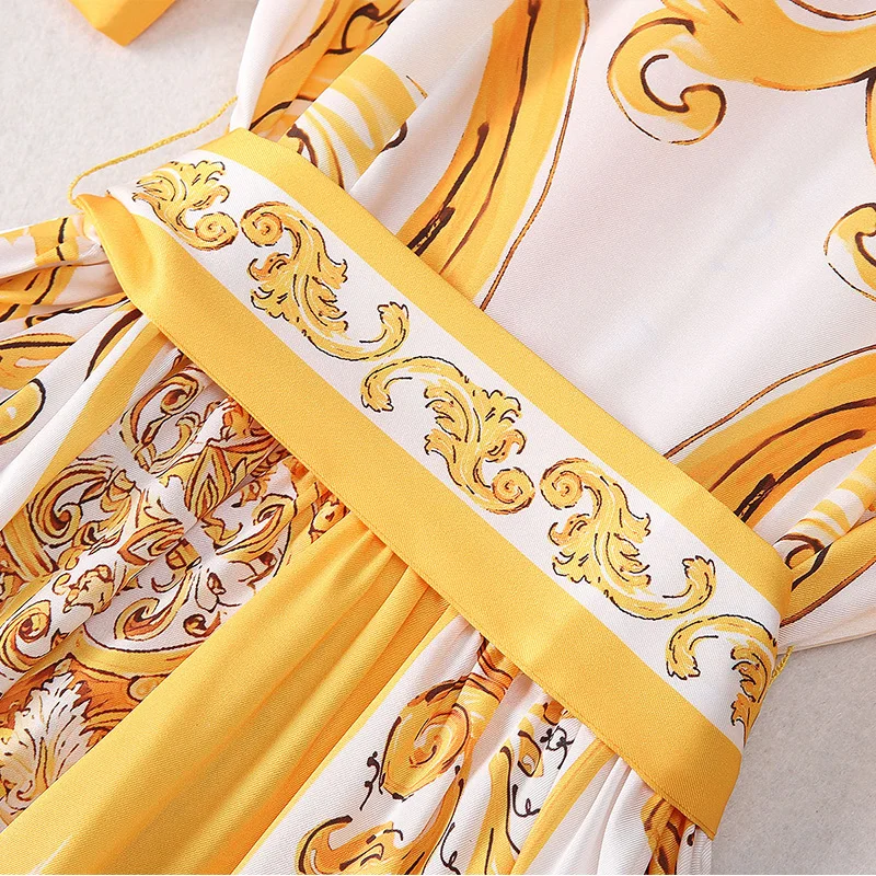 خمر طباعة المرأة فستان أنيق موضة جديدة واحدة الصدر بدوره إلى أسفل تي شيرت بياقة حزام تنورة طويلة الصيف الملابس النسائية #3