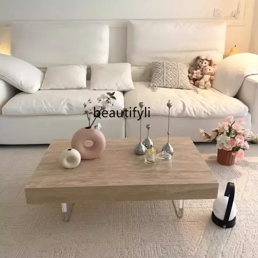 Nordic wabi-sandy travertine rock slab coffee table suspended creative table modern simplicity, rectangular tea table minimalist