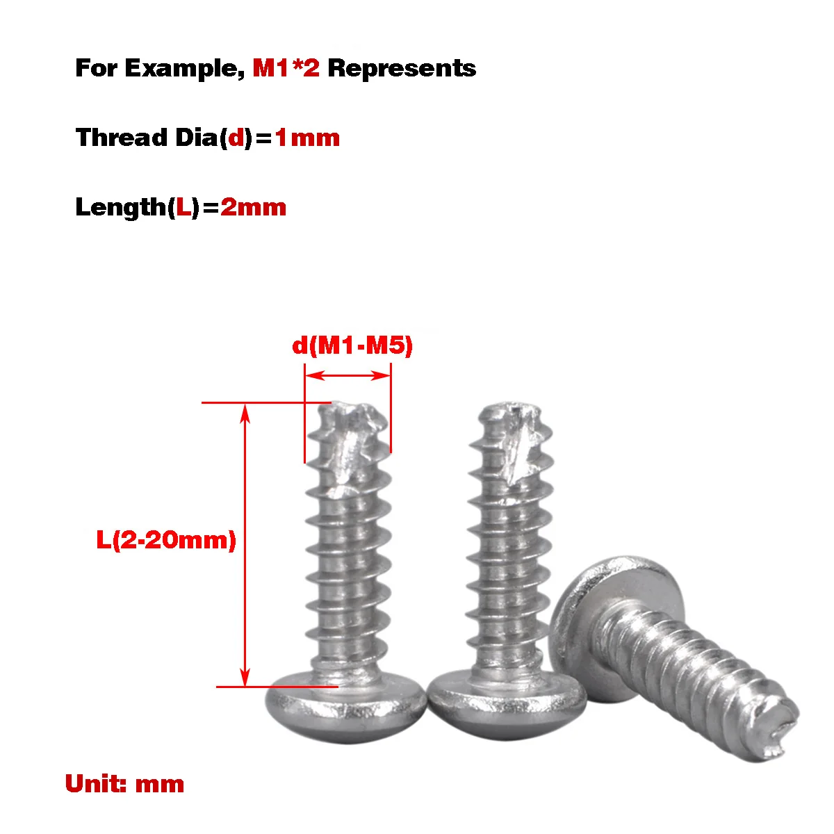 

304 Stainless Steel Cross Round Head Flat Tail Self Tapping Screw M2M3M3.5M4M5