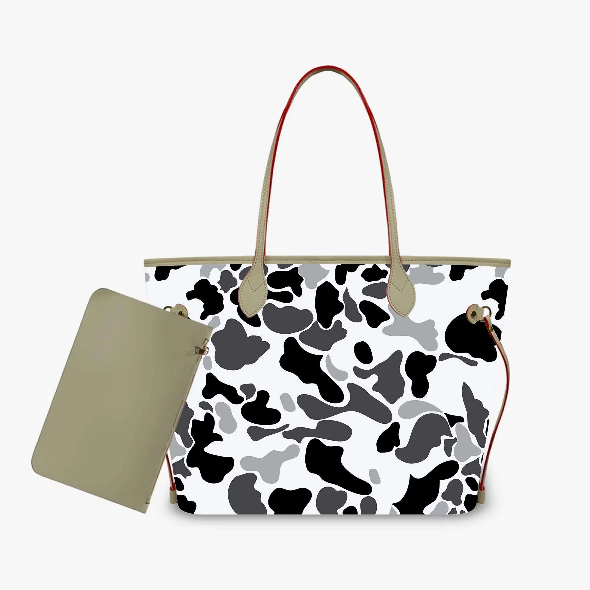 

Wholesale Customized Large Capacity Tote Bag Red Camo Print PU Leather Shoulder Bag Durable Cloud Camo Handbags and Purses 2pcs