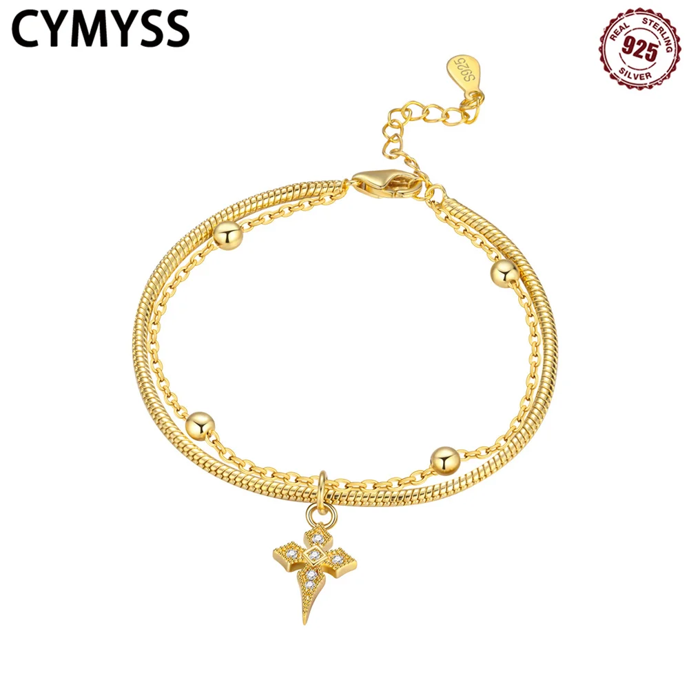 

CYMYSS 2025 S925 Sterling Silver Delicate Cross Double Layers Bracelet Fine Jewelry Birthday Gift Ladies Bracelet