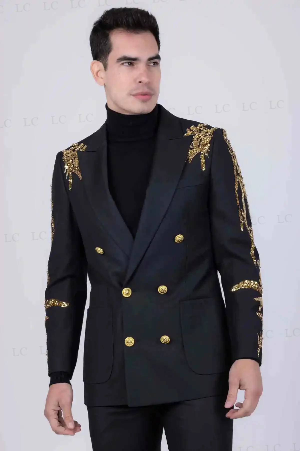 

2 Pieces Men Suits Blazer Pants Beads Appliques Double Breasted One Button Tailored Plus Size Formal Prom Party Wedding Groom