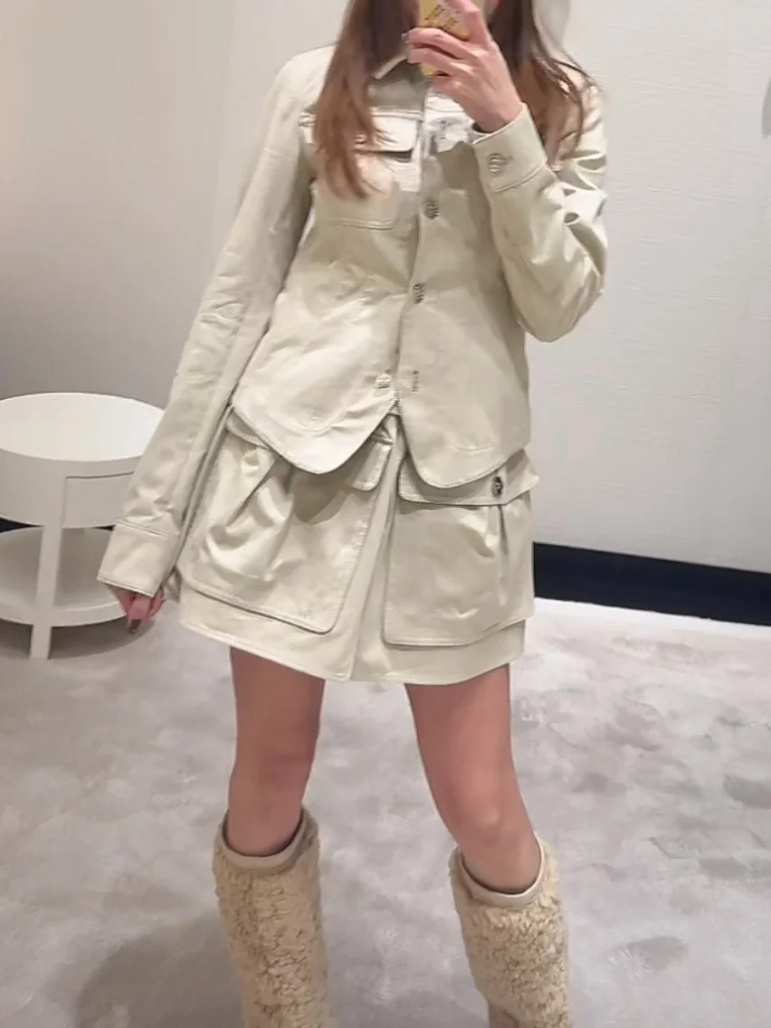 

Slim Fit Workwear Set Women's Trendy Beige Multiple Pockets Elastic Waist Skirt Pants Jacket Outerwear Spring Fashion Set