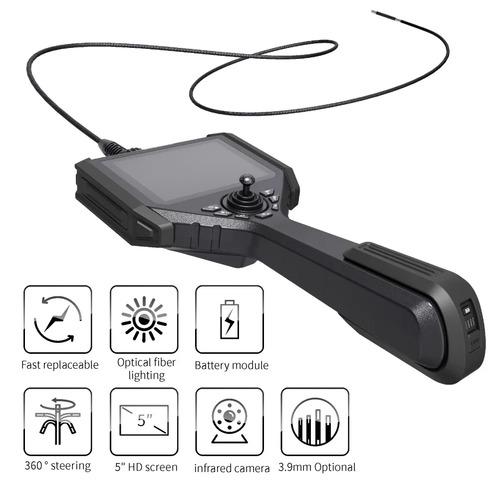 360 Degree Steering Industrial Endoscope,39mm IP67 Waterproof Led Articulating  Borescope ,5'' Screen Endoscopic 2m