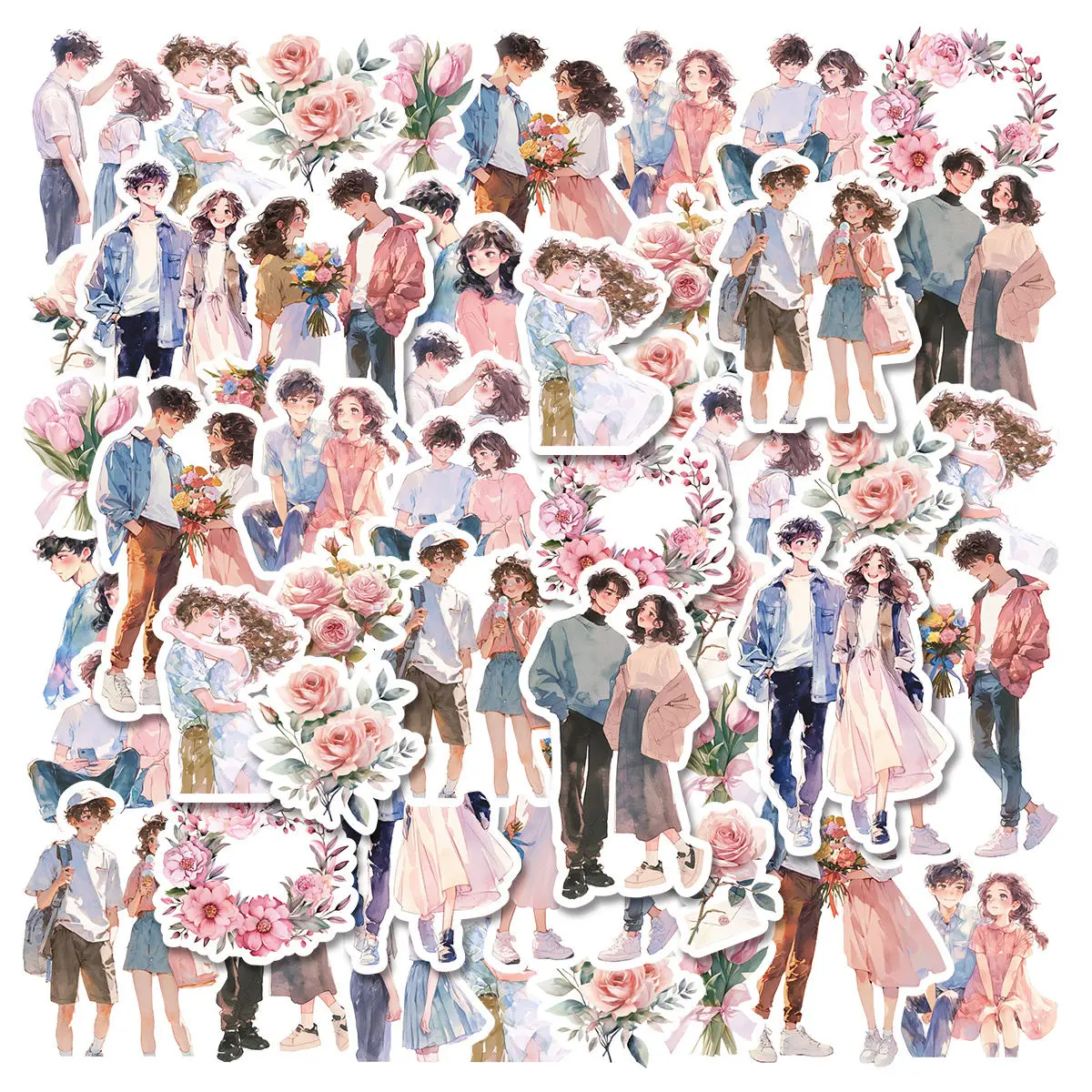 30pcs Romantic Couple Flowers With Various Styles PET Waterproof Collage DIY Stationery,Scrapbooks,Gift,Decoration Stickers