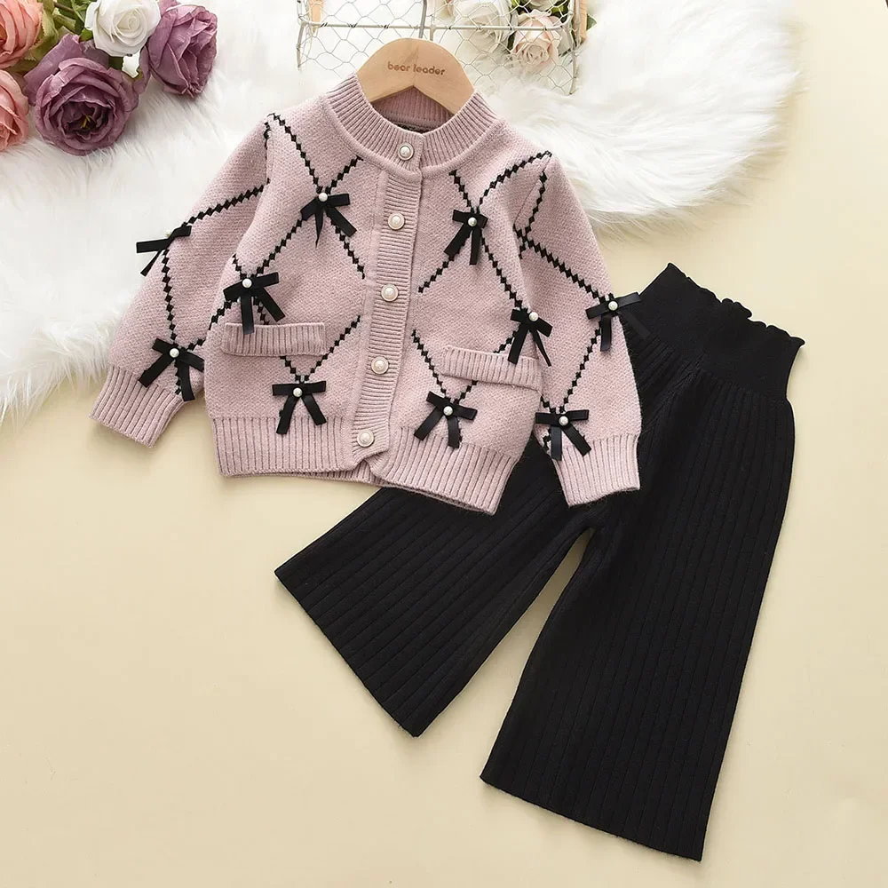 Girls' Autumn and Winter New Collection 2-6 Year Old Pearl Bow Open Top+Pants Two Piece Set Children's Fashion Sweater