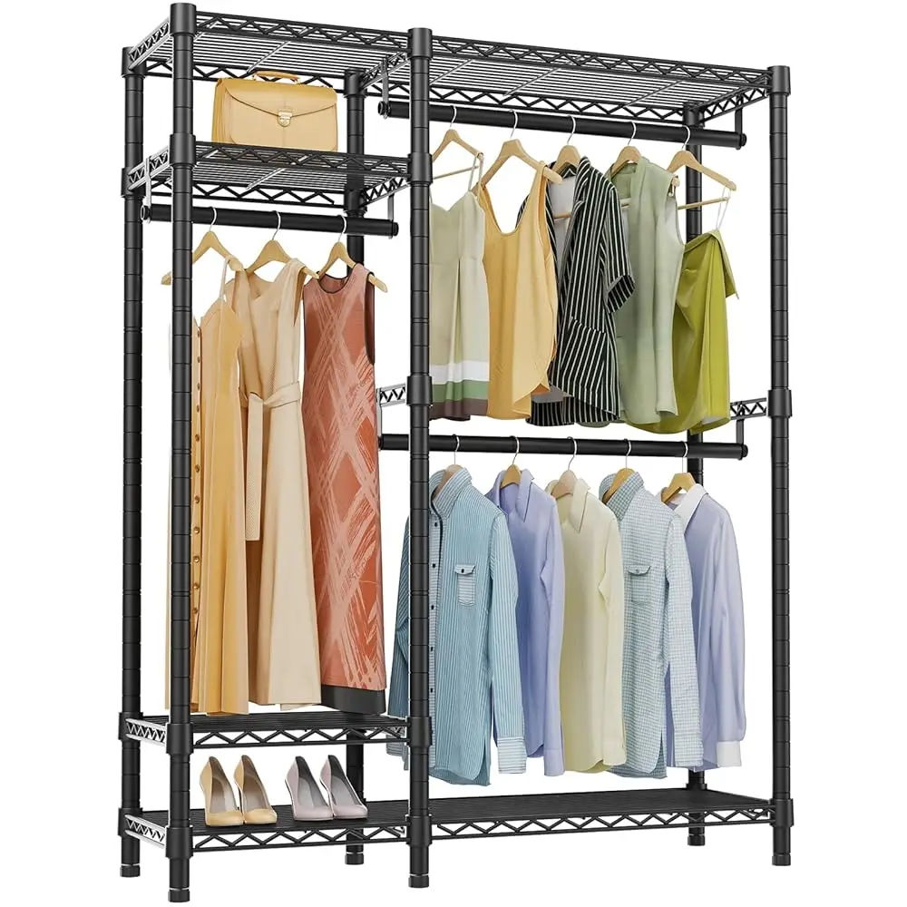 

V2S Garment Ra Heavy Duty Commercial Grade Rack, 4 Tiers Adjustable Wire Shelving Clothing Racks With 3 Hanging Rods,