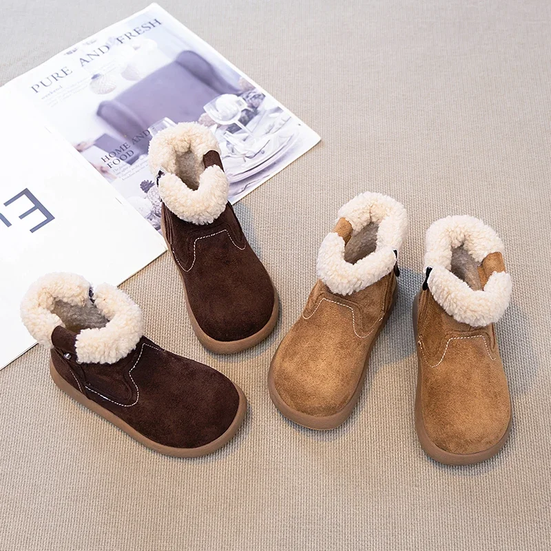 

Girls Casual Boots Round Toes Suede Warm Kids Leather Boots with Side Zipper 2025 Winter New Children Short Boots Soft Non-slip