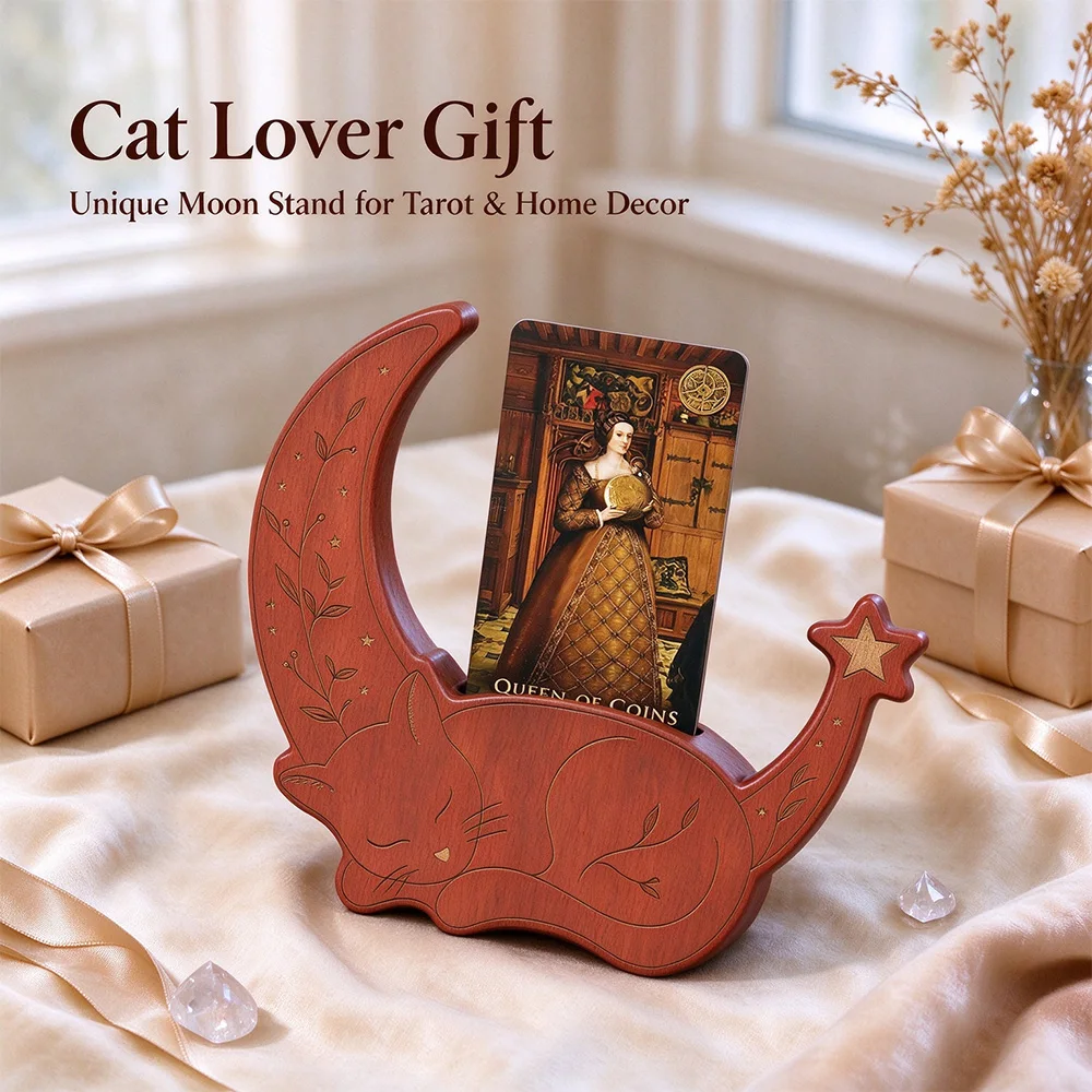 Moon Cat Wooden Tarot Card Stand, Crescent Display Holder, Altar Decor, Photo & Message Holder, Witchy Gift for Tarot Lovers