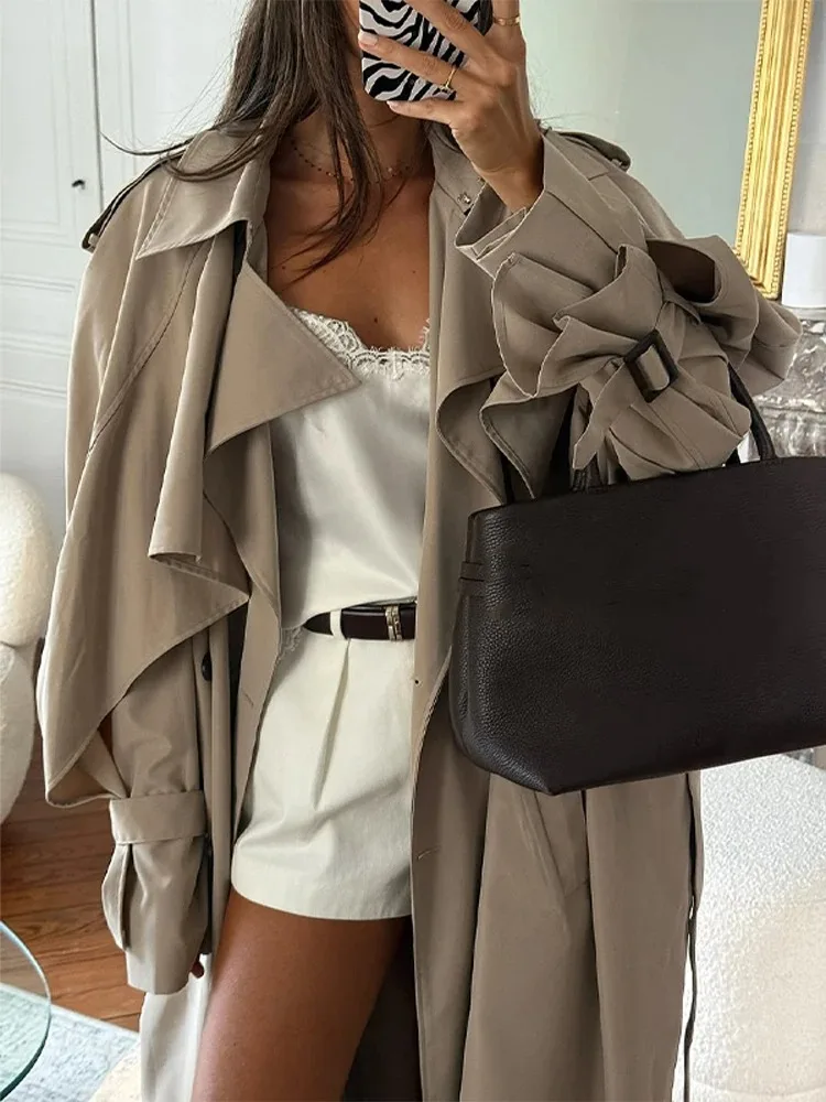 

Autumn Double Breasted Long Trench Coat with Belt Casual Tierred Lapel Collar Long Sleeves Windbreaker Women's Outerwears