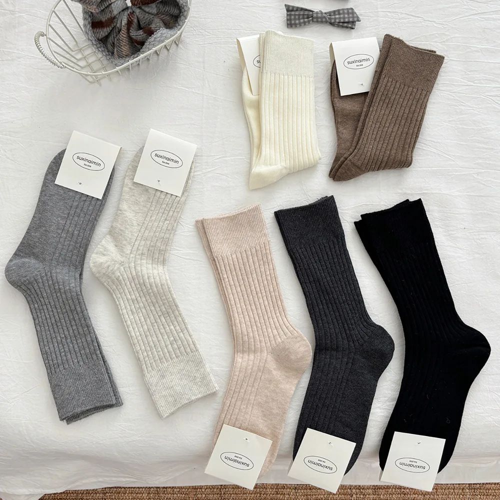 

Solid Stirped Women Socks Casual Japanese Simple Fashion Winter Thicken Long Sock Girls Thermal Warm Crew Middle Tube Socks