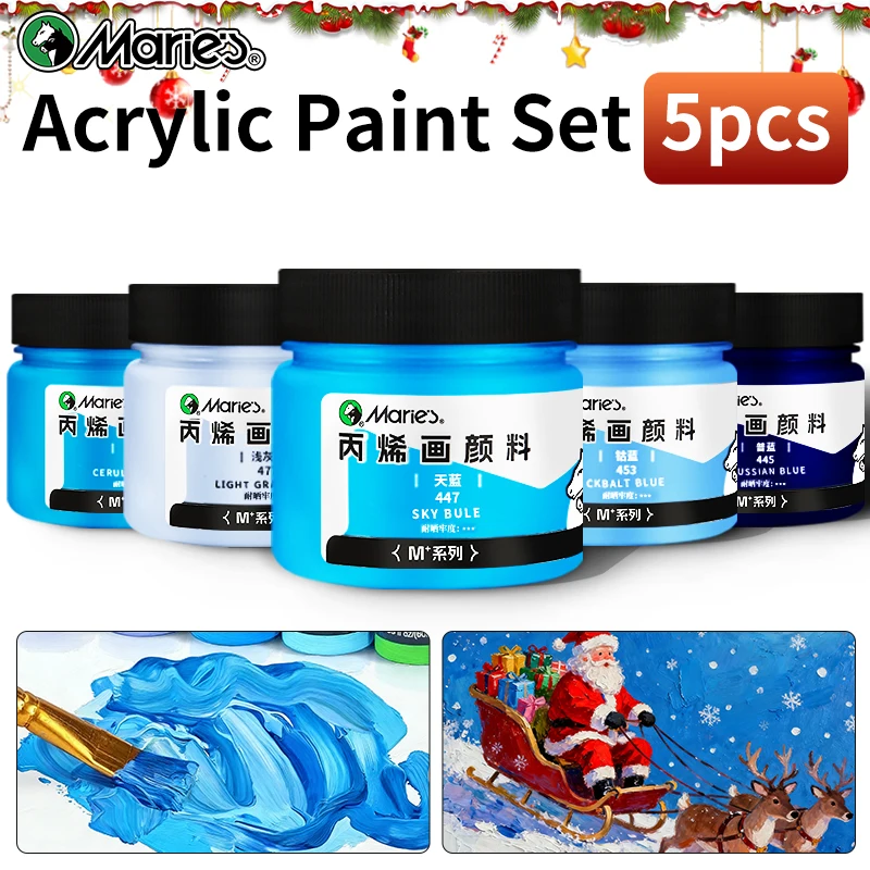Marie's 5 Bottles Acrylic Paint Set 100ml/3.38oz, High Quality Blue Pigments Kit for Artists,Beginners,Kids,Back to School Use