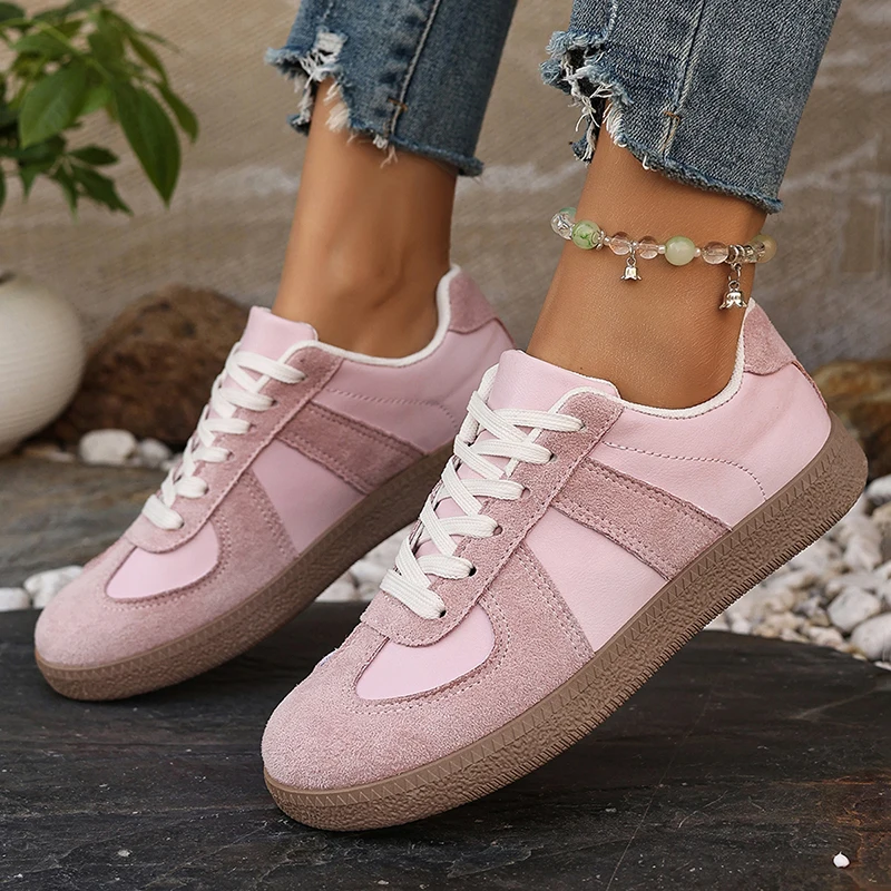 

Autumn Women's Pink Suede Canvas Board Shoes Fashion Retro Lace Up Couple Flat Shoes Mesh German Training Sneakers Women