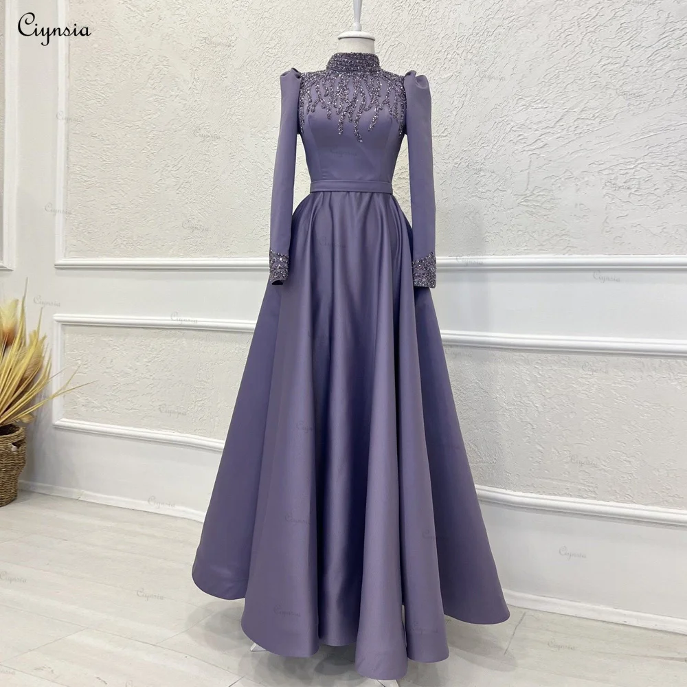 Ciynsia Long Sleeve Formal Evening Gown For Women Elegant Vestidos De Graduación A-Line Satin Beaded Ankle Length Prom Dresses