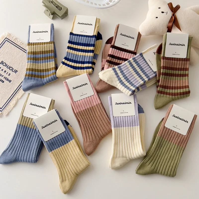 New Warm Casual Cotton Mid Socks Retro Contrast Stripes Same Color Match College Style Cotton Socks Winter Socks