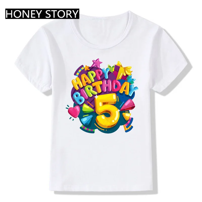 Happy Birthday Numbers 2-9 Years Old Printed Children Round Neck White Birthday Party Boys and Girls T-shirt Short Sleeve