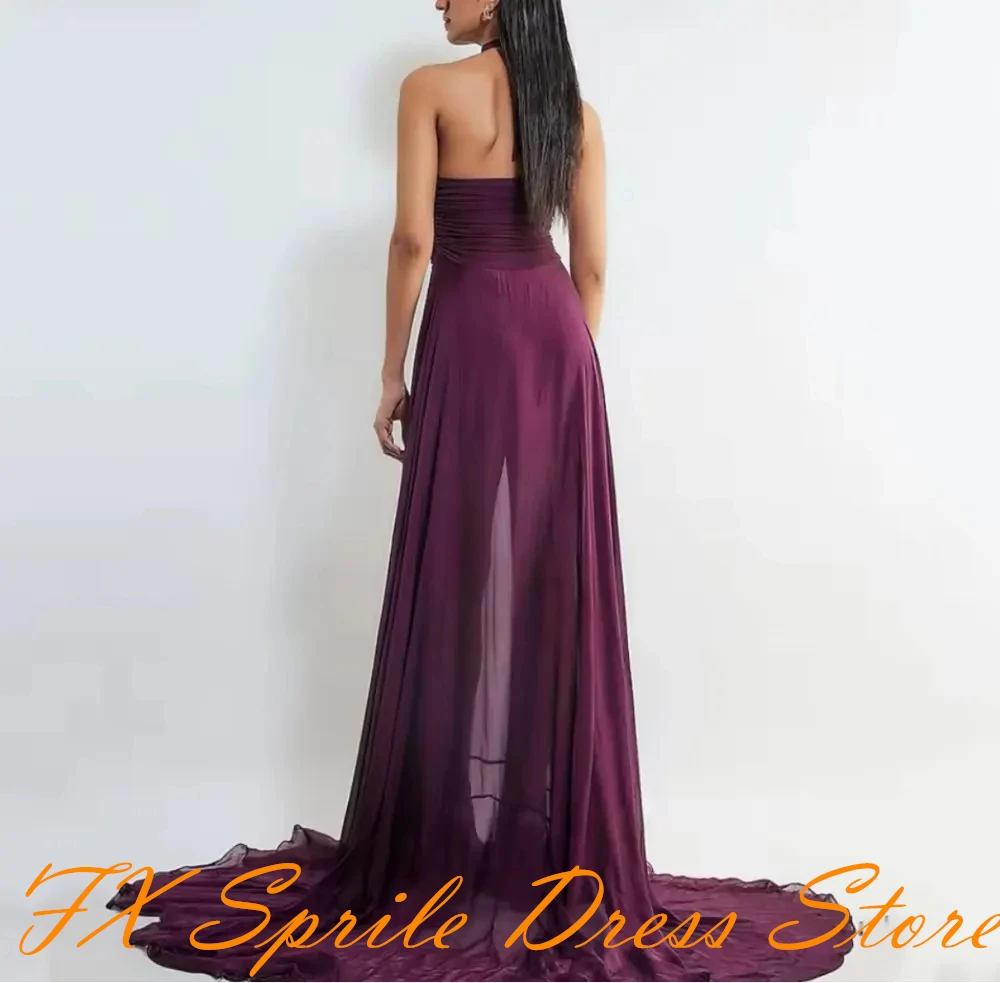 CustomizedCustomized Classic Purple Evening Dress Modern Style Halter Sleeveless Party Dresses A-Line Sweep Train Saudi Arabia P