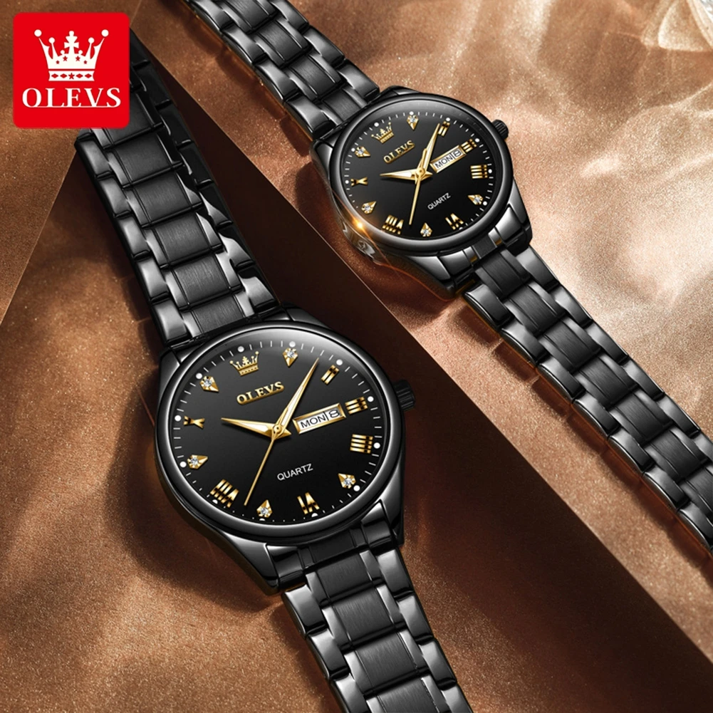 OLEVS 5563 남성 여성을위한 커플 시계 스틸 스트랩 듀얼 캘린더 방수 빛나는 클래식 럭셔리 연인의 석영 손목 시계