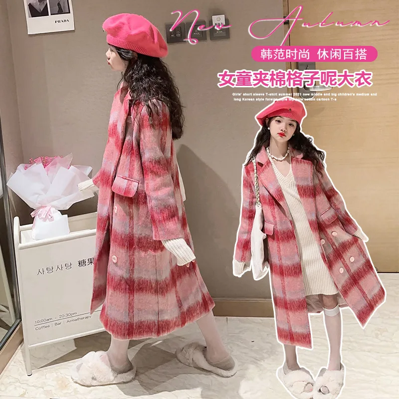 teen girl autumn winter warm thickened cotton long woolen coat children retro plaid overcoat casaco infantil de menina outercoat