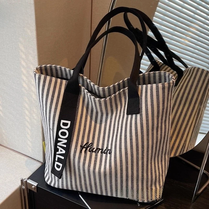 

Большая полосатая холщовая сумка-тоут для женщин, корейская стильная сумка для поездок на работу, мягкая сумка через плечо с ручкой