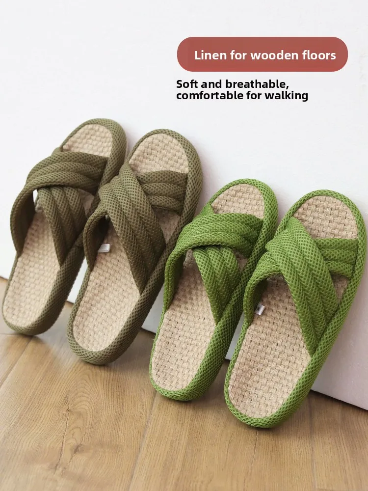 

Linen Slippers Absorbent Odorless Indoor Office Floor Silent Ladies Japanese Style Home Men's Non Odor Footwear Cross Buckle