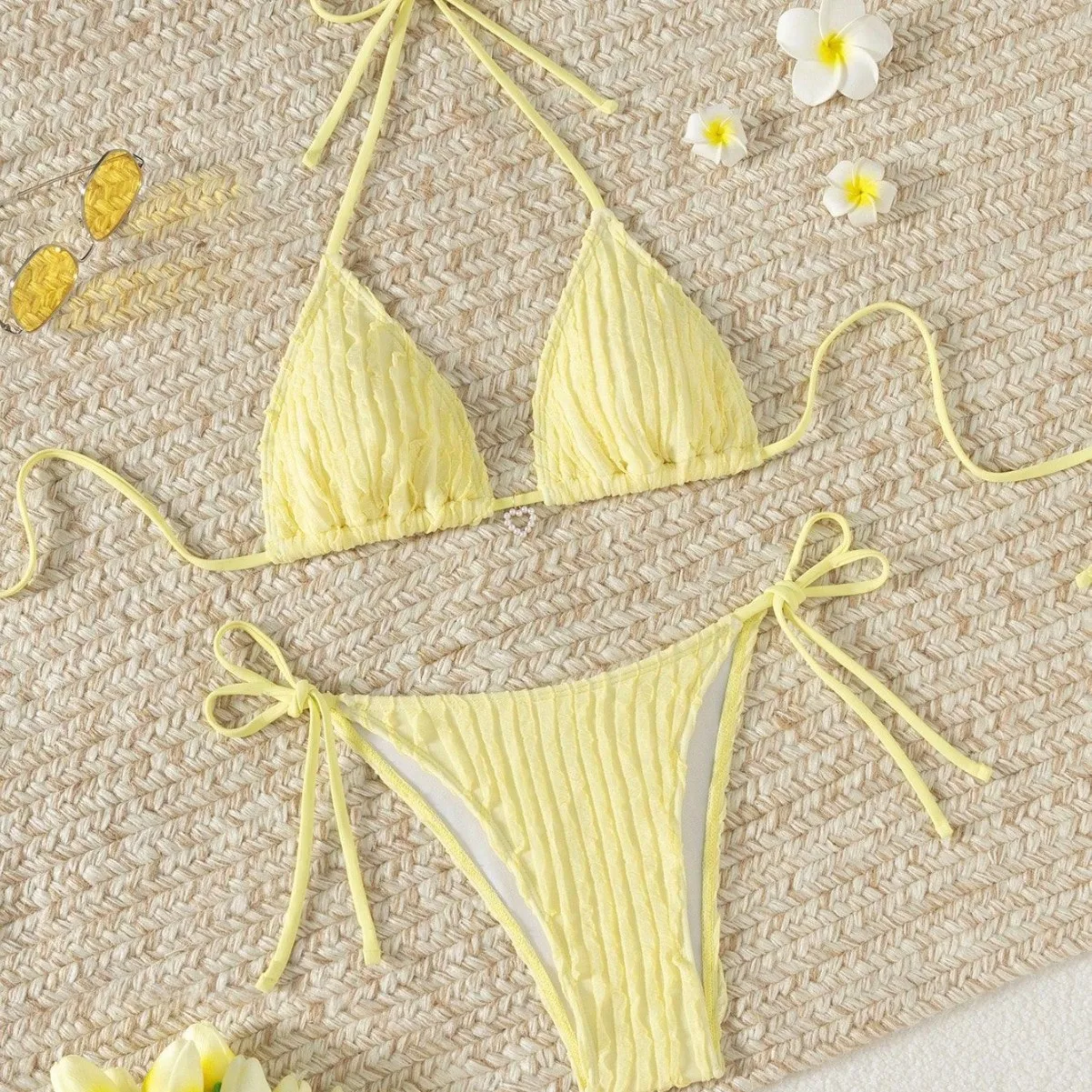 

Women Textured Triangle Bikini Set Halter Top Side Tie Bottom Swimsuit