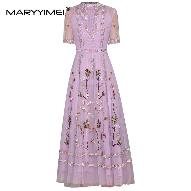 MARYYIMEI Fashion Designer dress Summer Women\'s Dress Short Sleeve Mesh Flowers Embroidery Vintage Elegant Dresses