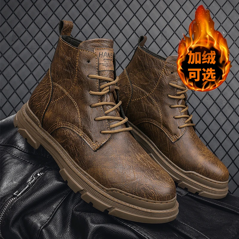 

New Autumn Winter Men Thick Soled Warm High Top Boots Simple Fashionable Casual Height Increasing Non Slip High-end Boots