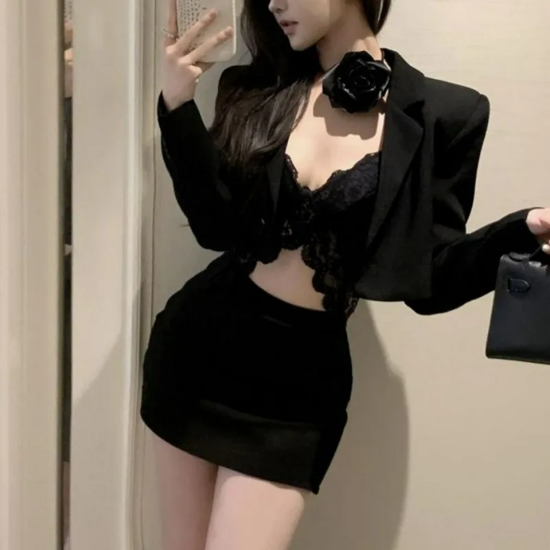 Black Spring Blazer Lace Bralette and Mini Skirt Set Women Sexy Chic Fashion Set with Rose Detail for Casual or Party Style 2025