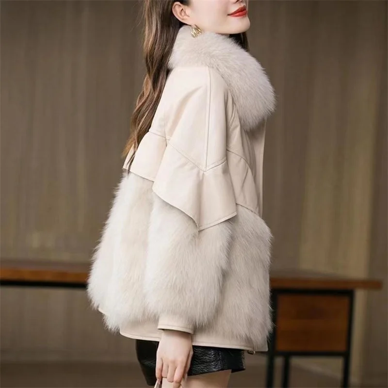 Women Fashion Warm Cardigan Fur Coat 2023 Winter Female New Korean PU Leather Imitation Fox Fur Medium Length Thick Haining Coat