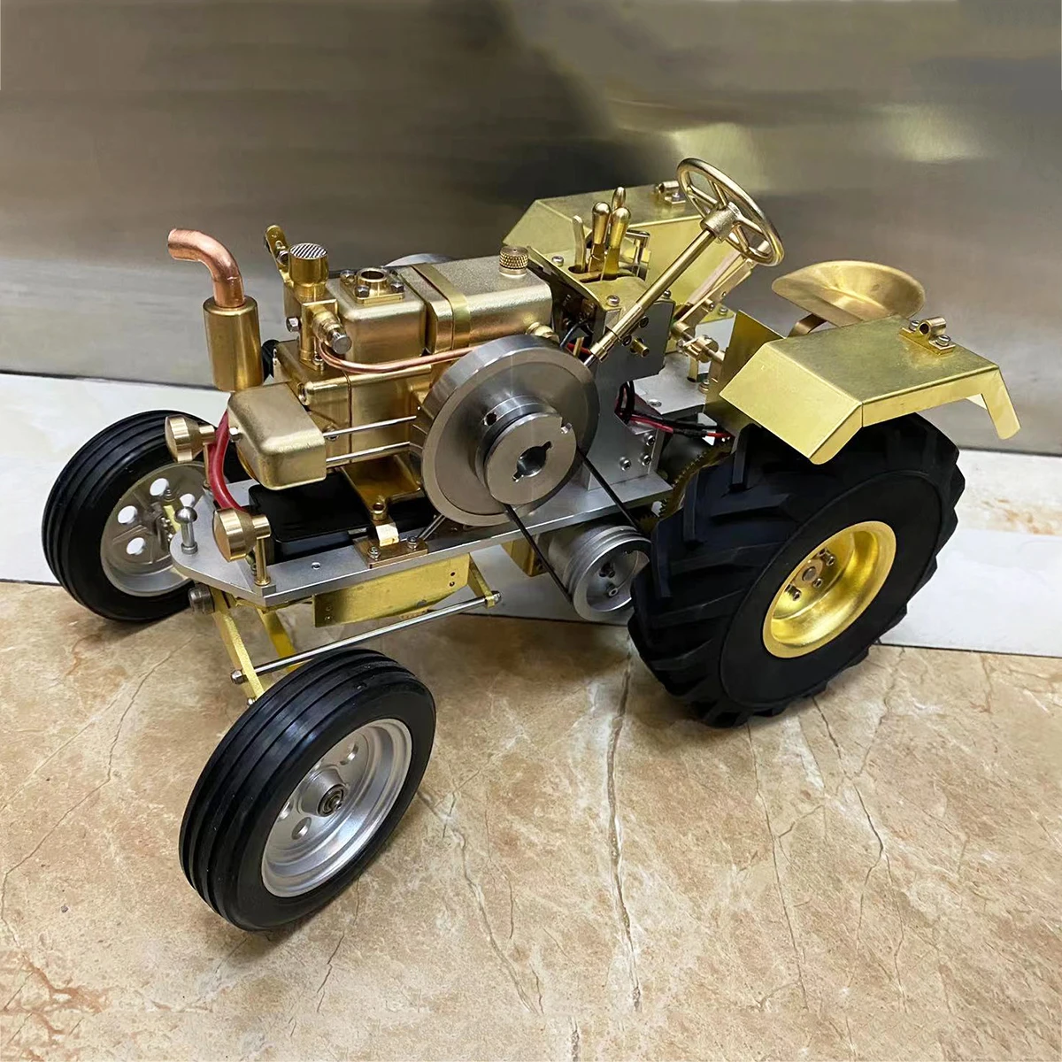 1.6CC Brass Gas Roller Tractor Model Horizontal Water Cooled Single Cylinder Internal Combustion Engine T12 Model Toy Gift