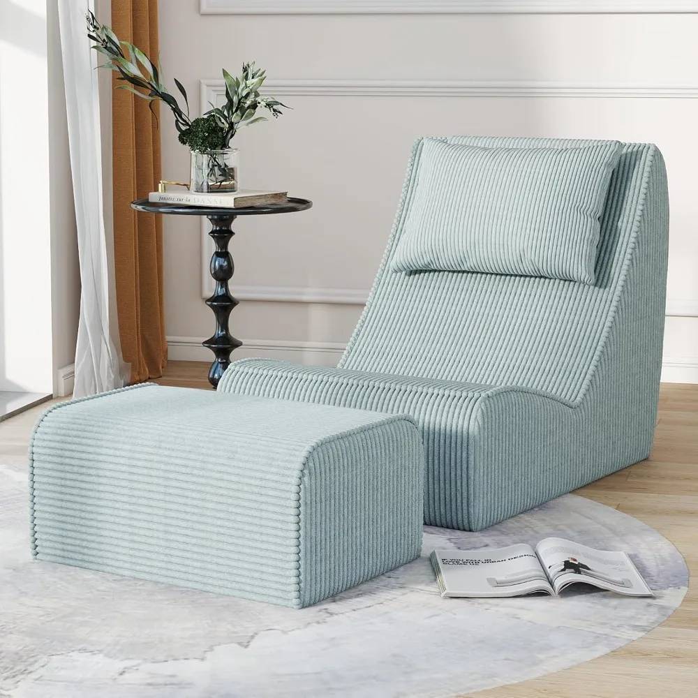 Adult-Sized Corduroy Bean Bag Chair with Superior Back Support, Removable Neck Pillow, and Cozy Ottoman