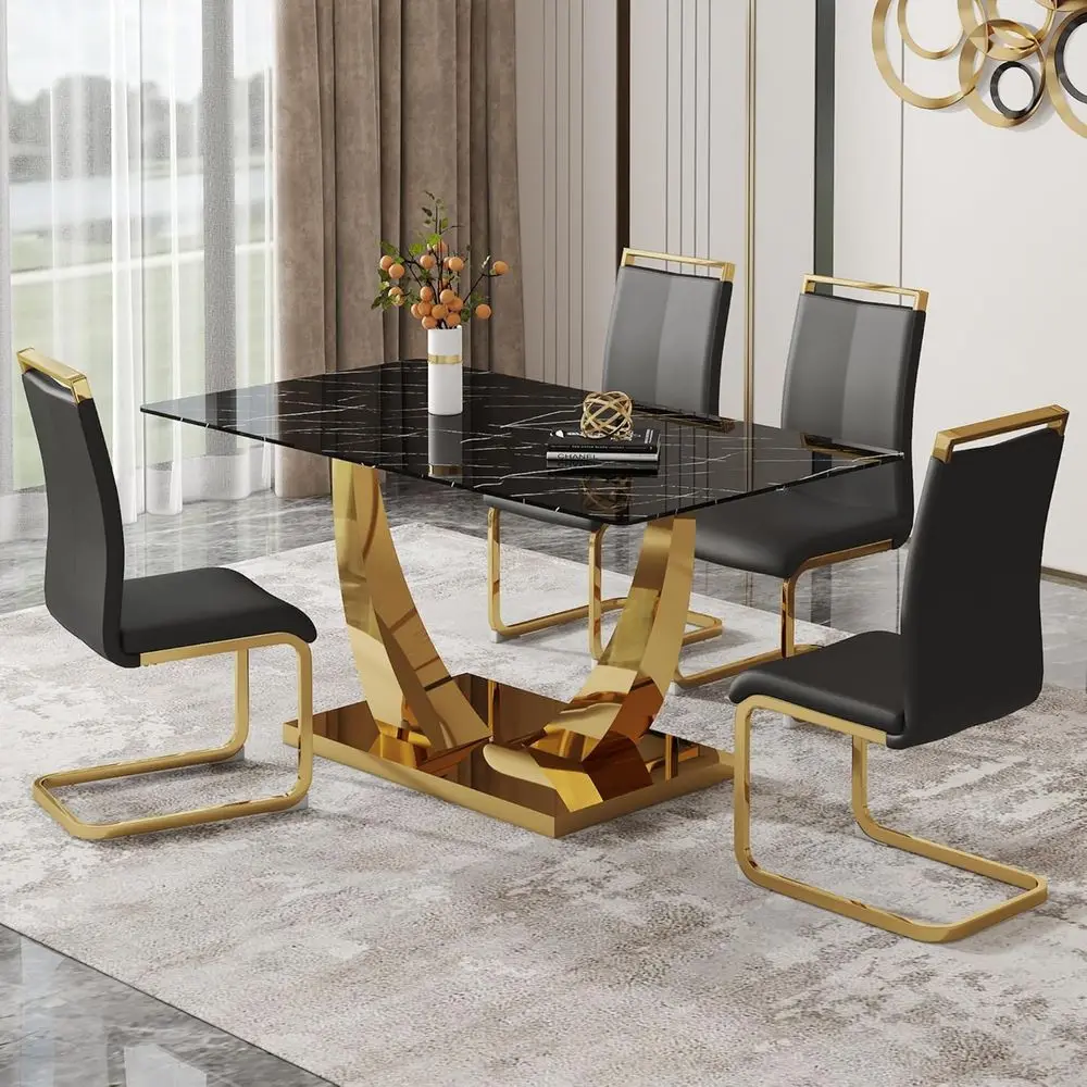 

Elegant 63 Dining Table Set with 4 Chairs, Gold Dining Room Table Set, Marble Kitchen Table with 4 PU Leather Chairs, Black Temp