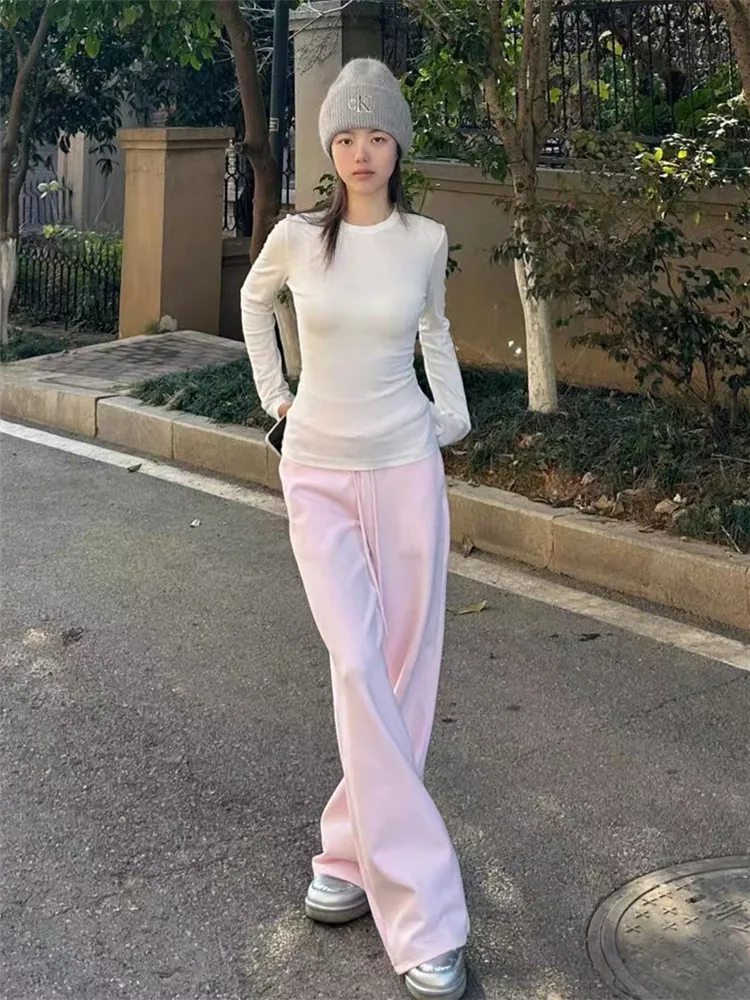 

Американские ретро-брюки розового цвета с широкими штанинами для женщин, весенне-осенние, свободные, прямые, удлиненные, с завязками, визуально стройнящие, в пол