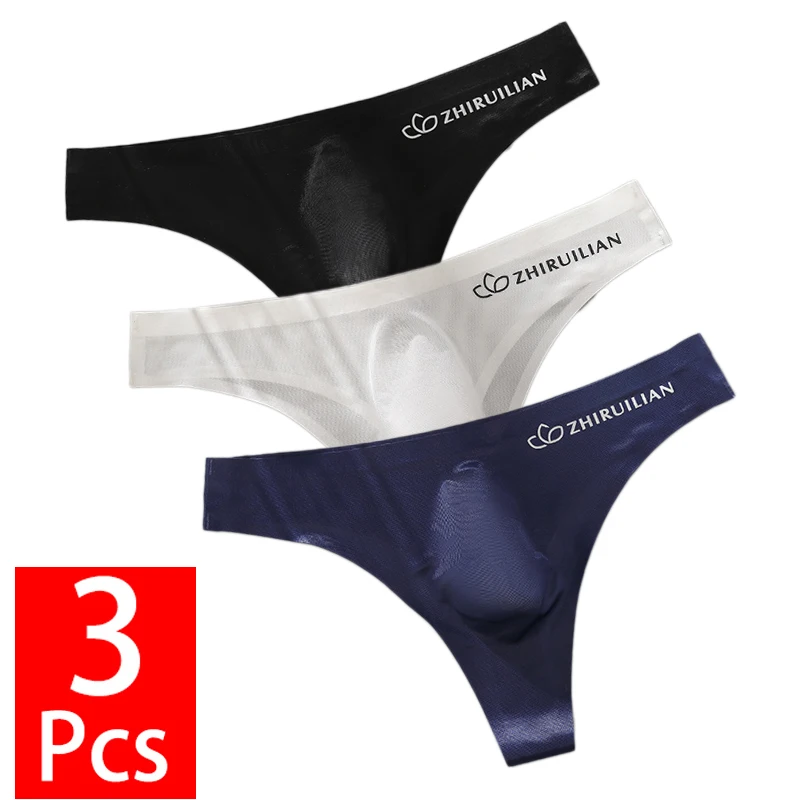 3PCS/Lot Men G-string And Thong Low Waist Sexy Ice Silk U Pouch Panties Breathable Quick Drying Seamless Ultra-thin Underpants