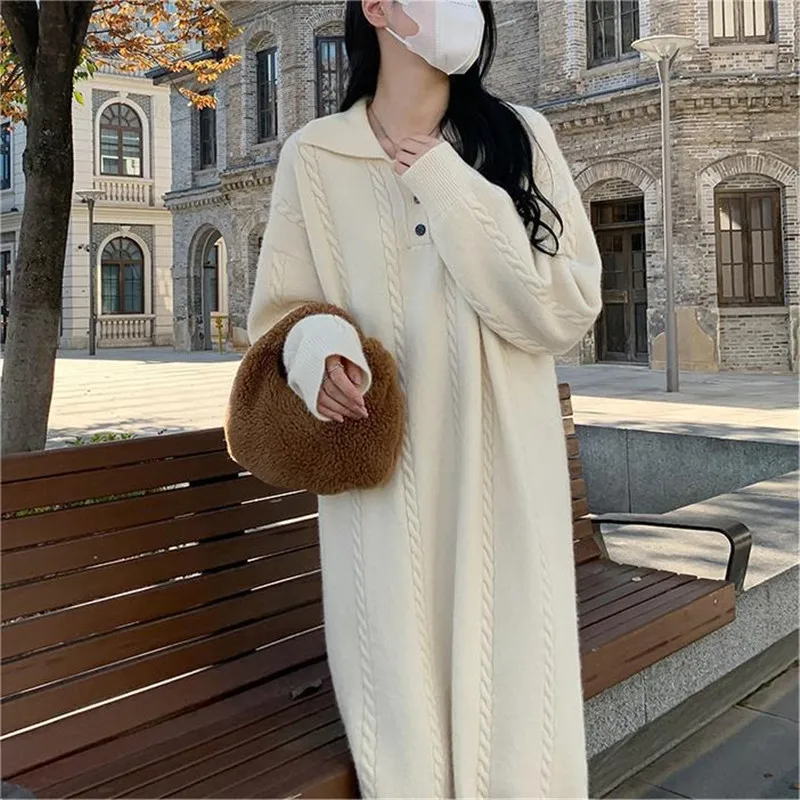 

Knee Length Pullovers For Woman Sweaters Jumpers Women Exquisite O-Neck Straight Fall Adult Grunge Pure Fur Collar Layer Vintage