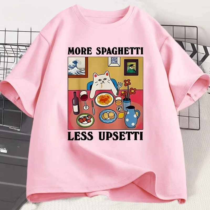 

More Spaghetti Less Upsetti Funny Cat T-Shirt Women Printed Harajuku Cotton Short Sleeve Cat Lover Autumn and winter innerwear