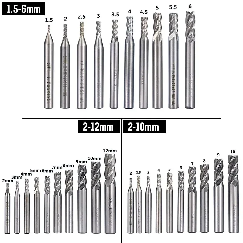 

10Pcs/Set HSS 4 Flute Milling Cutter 1.5mm-12mm End Mill CNC Router Drill Bit Straight Shank Milling Woodworking Tool