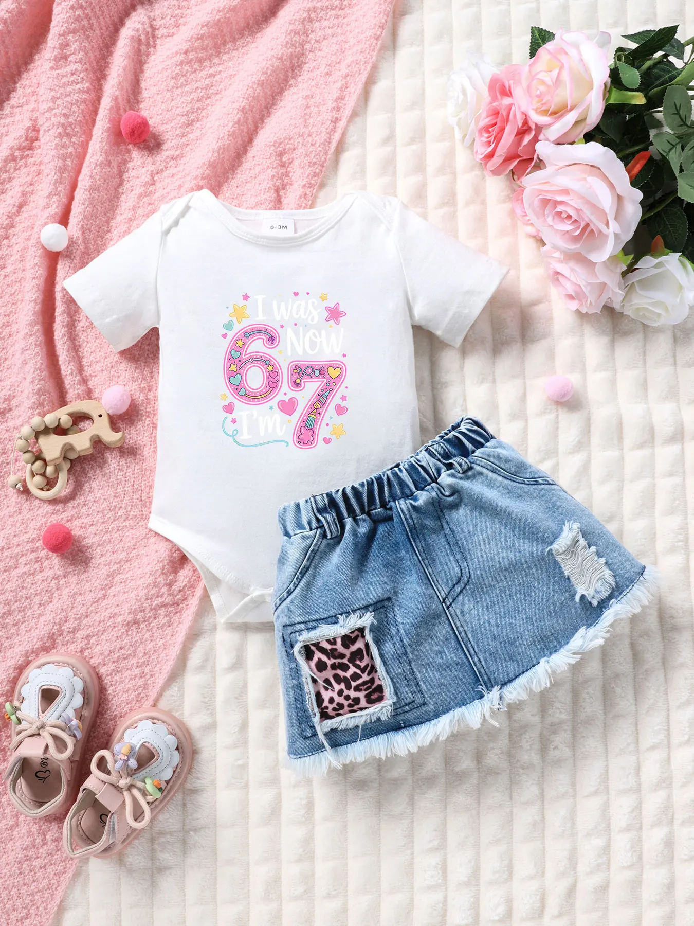Summer Baby Girl Outfit Set 'I Was 6 Now I'm 7' Growth Motto Short Sleeve Romper + Faux Leopard Print Denim Mini Skirt 2-Piece S