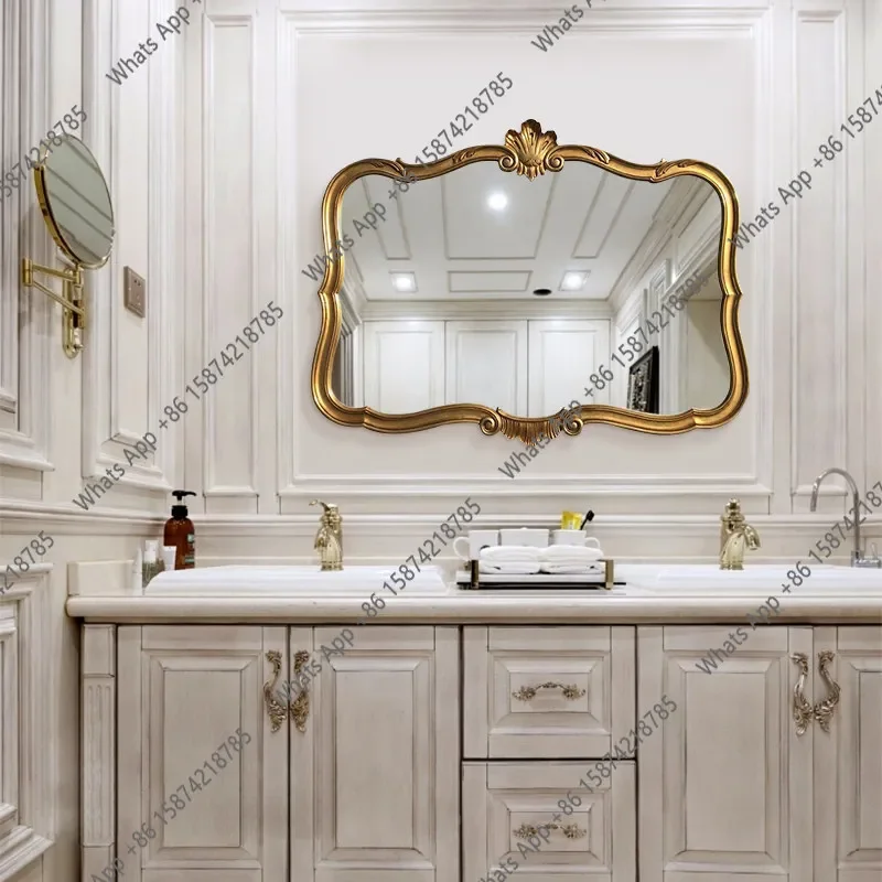 N62 Europäischer Retro-Schminkspiegel, großer antiker goldener Waschspiegel für das Badezimmer, Wandspiegel, personalisierbar, zum Aufhängen