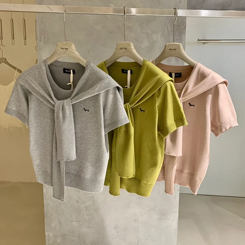 

WGWE8958 Casual Style Pure Color Short Sleeve Knitted Sweater Shawl Two Piece Set Simple Elegant Fashion Women's Summer Outfit