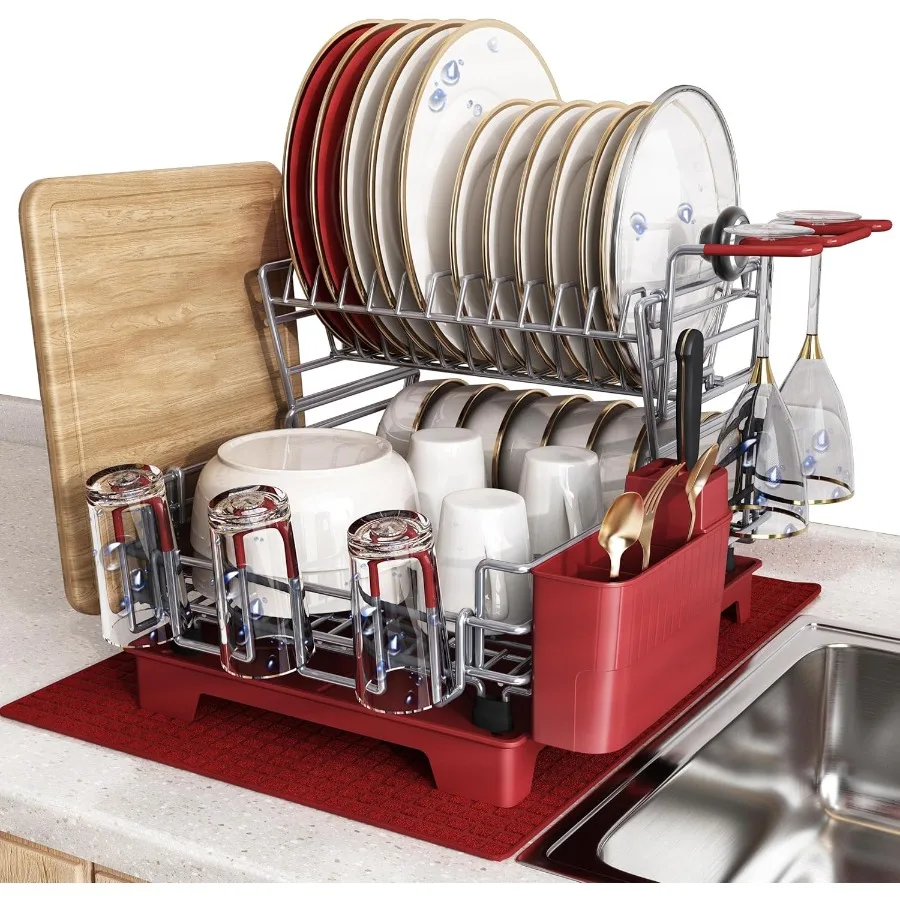 

2-уровневая красная большая сушилка для посуды из нержавеющей стали для кухонной стойки со сливной панелью, устойчивая к ржавчине металлическая экономия места Mo