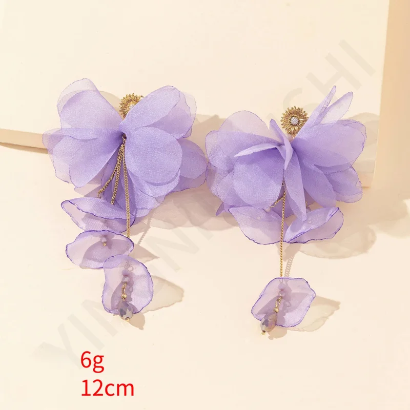 2024 Temperament Fairy Fabric Silk Flower Earrings Long Elegant Beads Tassel Fashion Flower Earrings for Women Chic Jewelry Gift