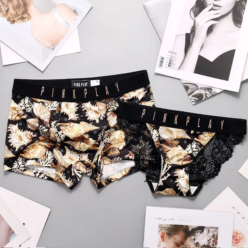 New Sexy Couple Panties Set Silk Men Boxer Shorts Comfortable Underpants Lace Panties Sexy Women Underpants Fast Shipping